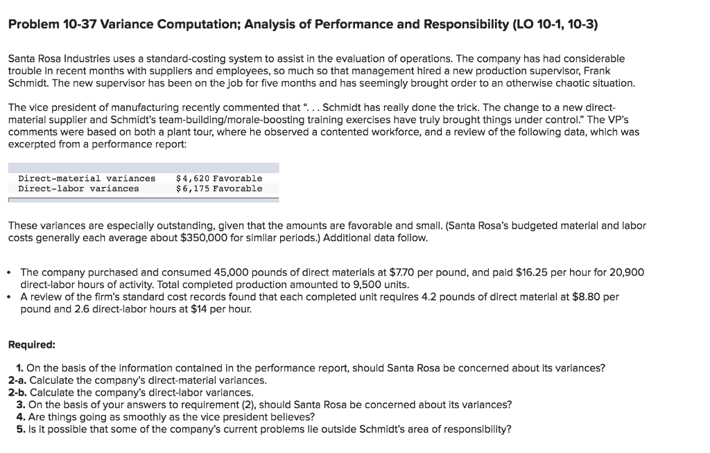  Problem 10-37 Variance Computation; Analysis of Performance and Responsibility (LO 10-1,