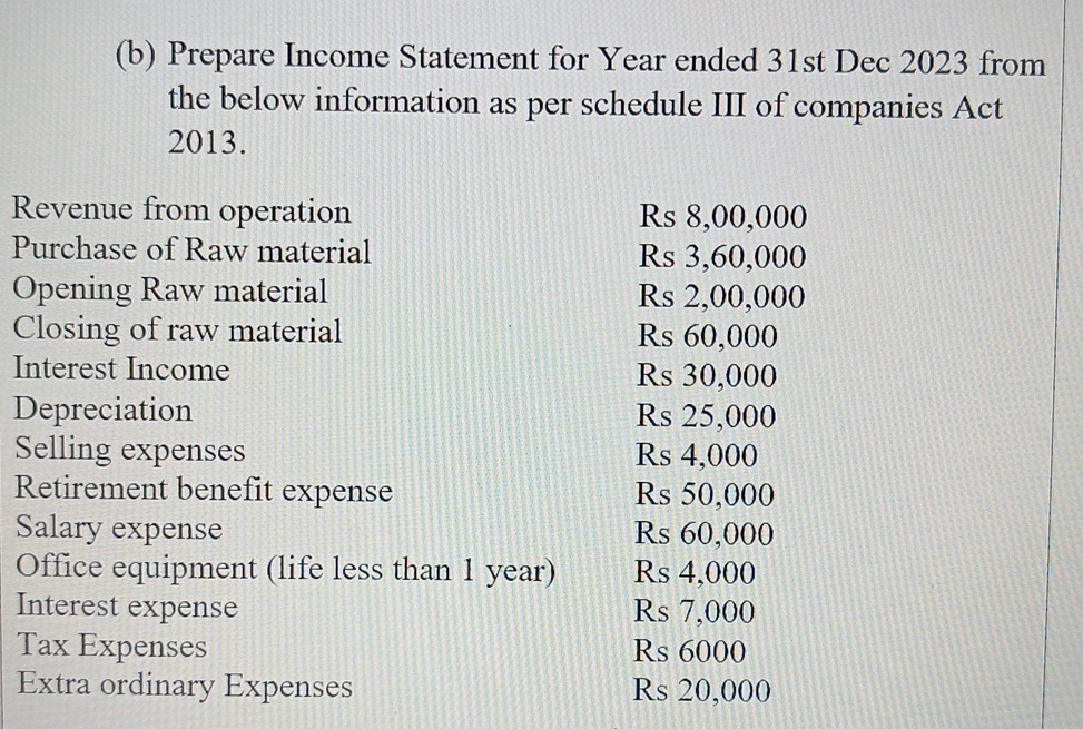  (b) Prepare Income Statement for Year ended 31st Dec 2023 from