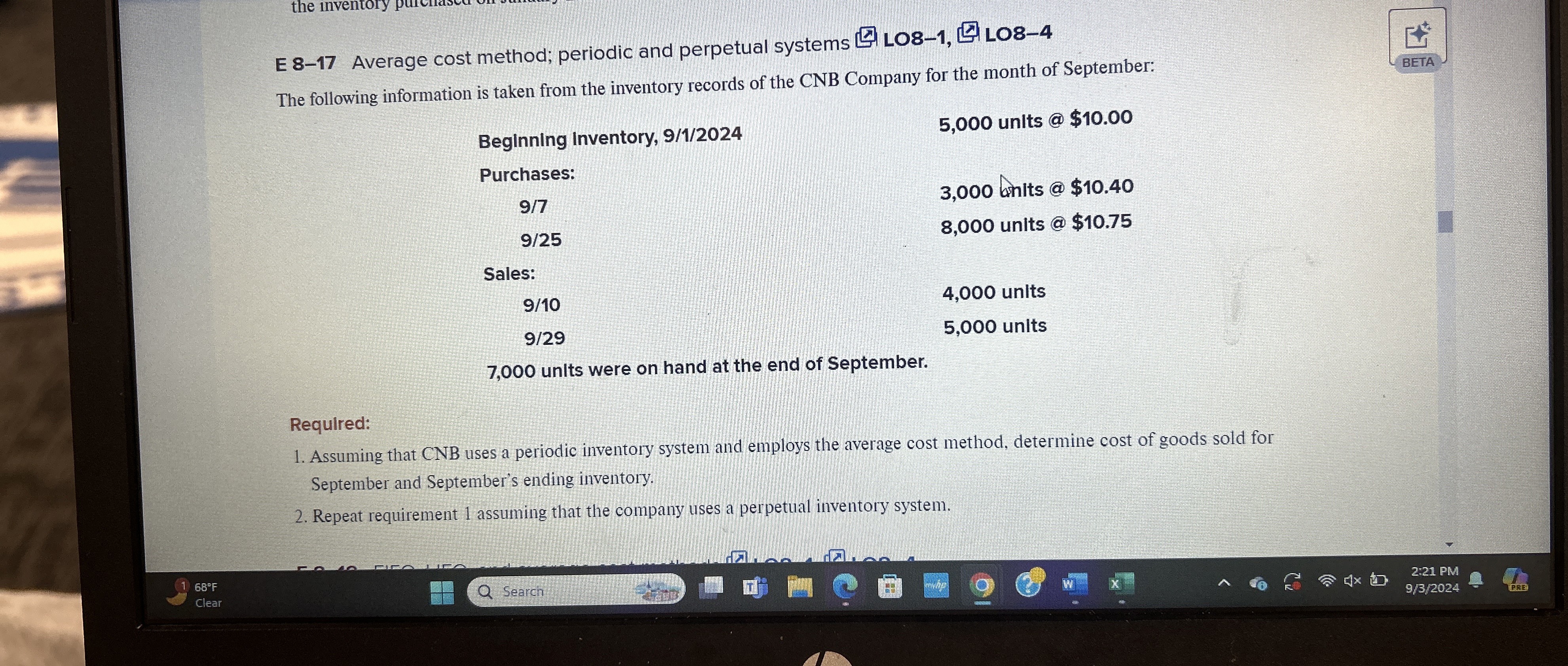  E 8-17 Average cost method; periodic and perpetual systems LO8-1, LO8-4