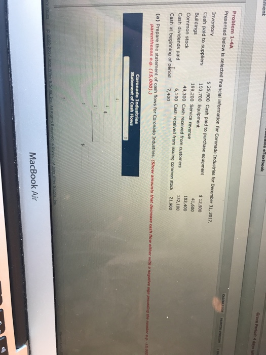  Problem 1-4A Presented below is selected financial information for Coronado Industries