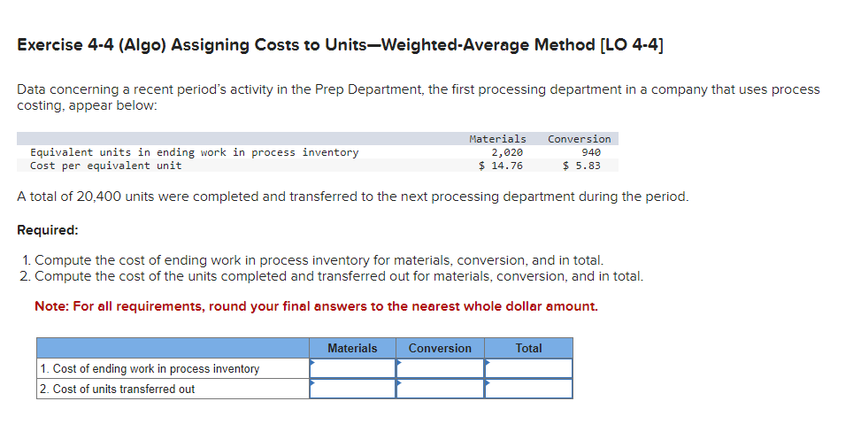  Exercise 4-4 (Algo) Assigning Costs to Units-Weighted-Average Method [LO 4-4] Data