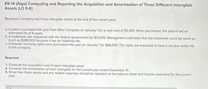help! all parts E9-14 (Algo) Computing and Reporting the Acquisition and Amortization