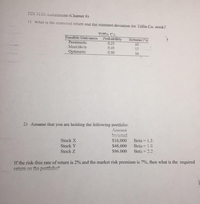  FIN 3110 Assignment (Chapter 8) 1) What is the expected return