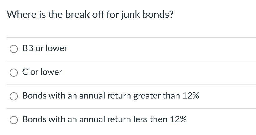  Where is the break off for junk bonds? BB or lower