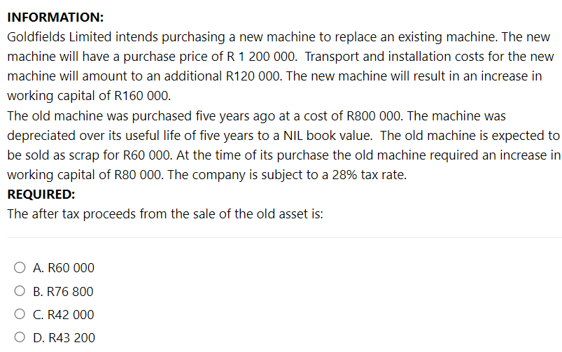 to replace an existing machine. The new machine will have a purchase