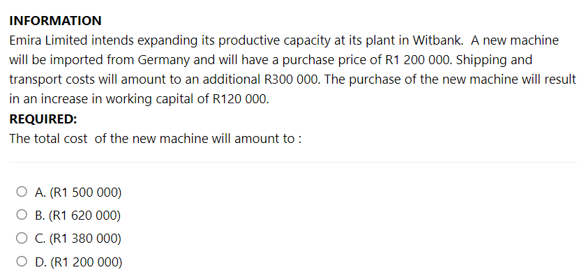 price of R 1200 000. Transport and installation costs for the new