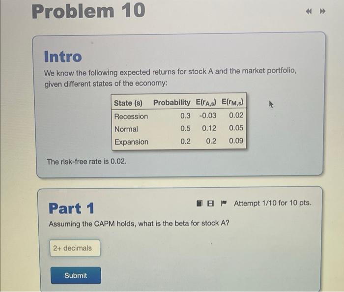  Problem 10 Intro We know the following expected returns for stock