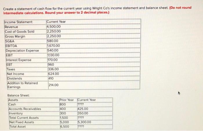  Create a statement of cash flow for the current year using
