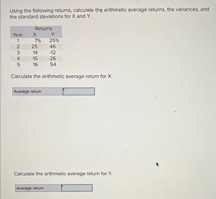  Using the following returns, calculate the arithmetic average returns, the variances,