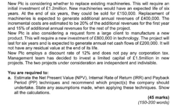  New Plc is considering whether to replace existing machineries. This will