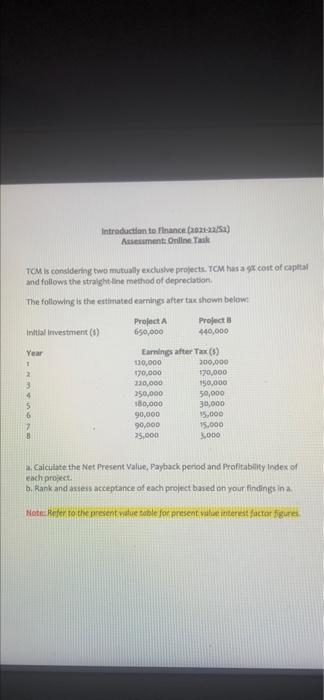  TCM is considering two mutually exclusive projects. TCM has a g%