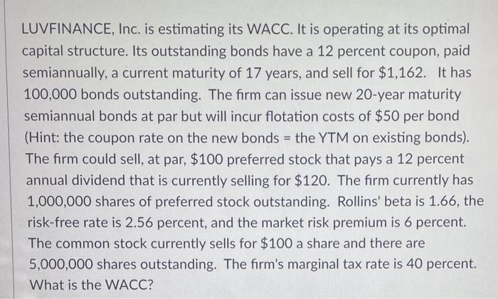  LUVFINANCE, Inc. is estimating its WACC. It is operating at its