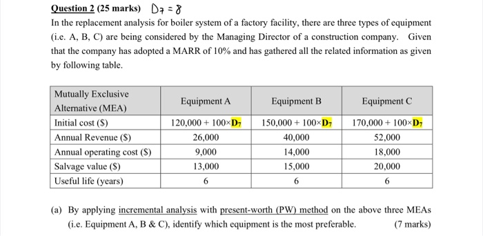  Question 2 (25 marks) D8 In the replacement analysis for boiler