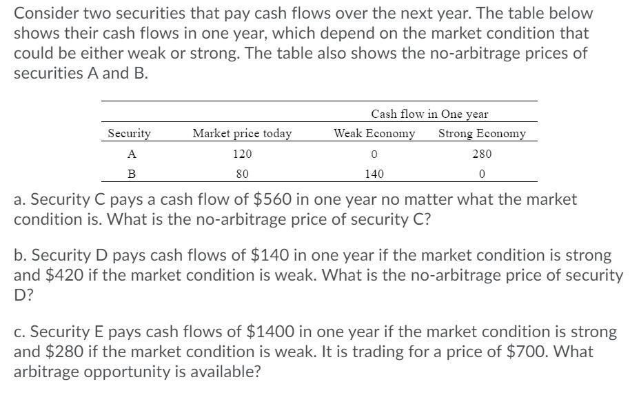Consider two securities that pay cash flows over the next year.