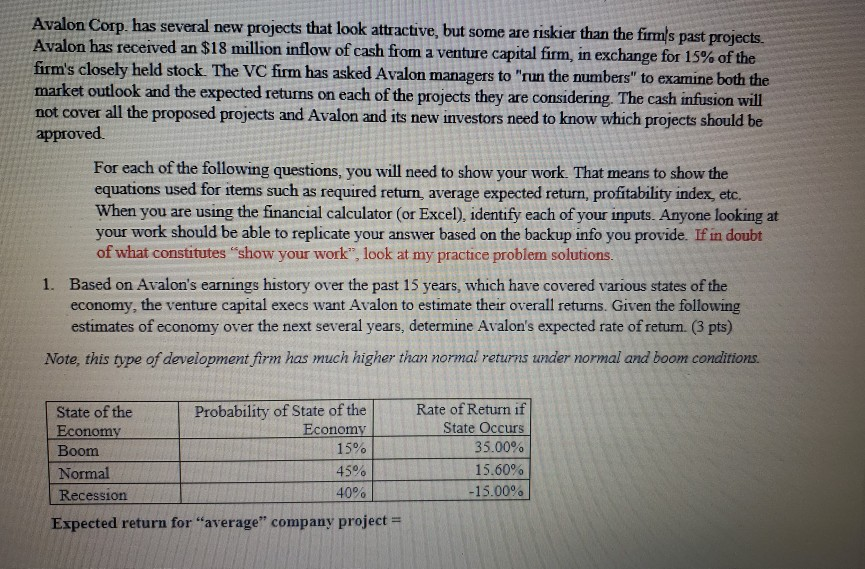 Expected return for "average" company project Avalon Corp. has several new