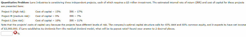 Quantitative Problem: Lane Industries is considering three independent projects, each of