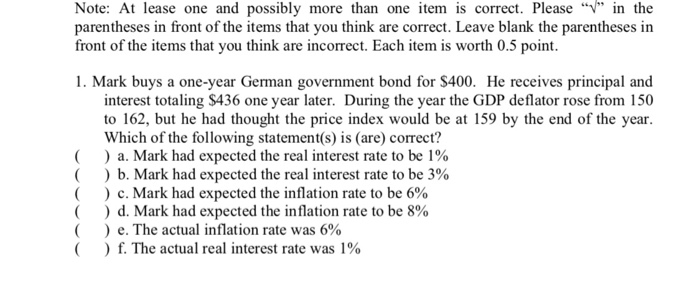  Note: At lease one and possibly more than one item is