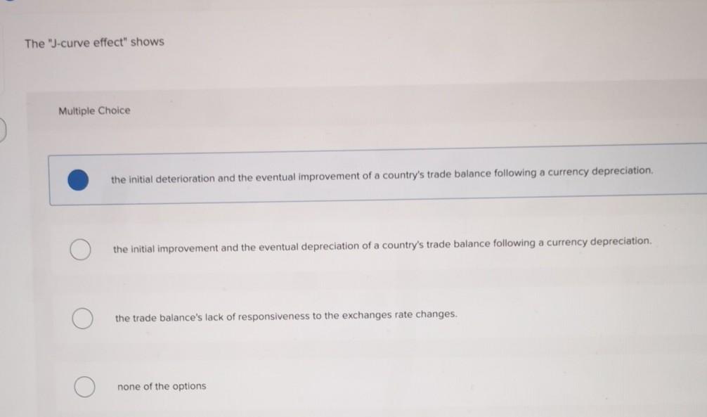  The "J-curve effect" shows Multiple Choice the initial deterioration and the