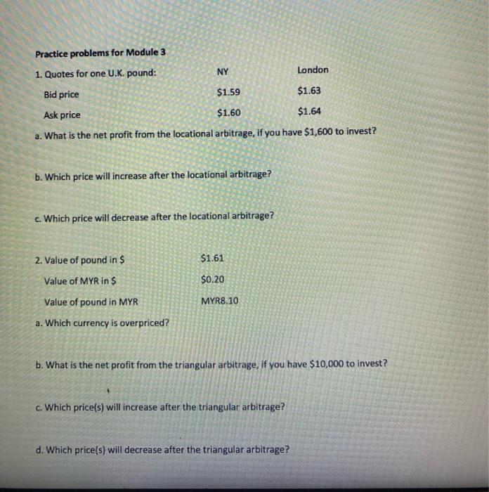  please provide all answers with calculations !! Practice problems for Module