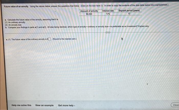  Future value of an annulty Using the values below, answer the