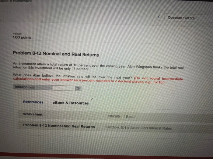  Question 1 of 10) value 100 points Problem 8-12 Nominal and