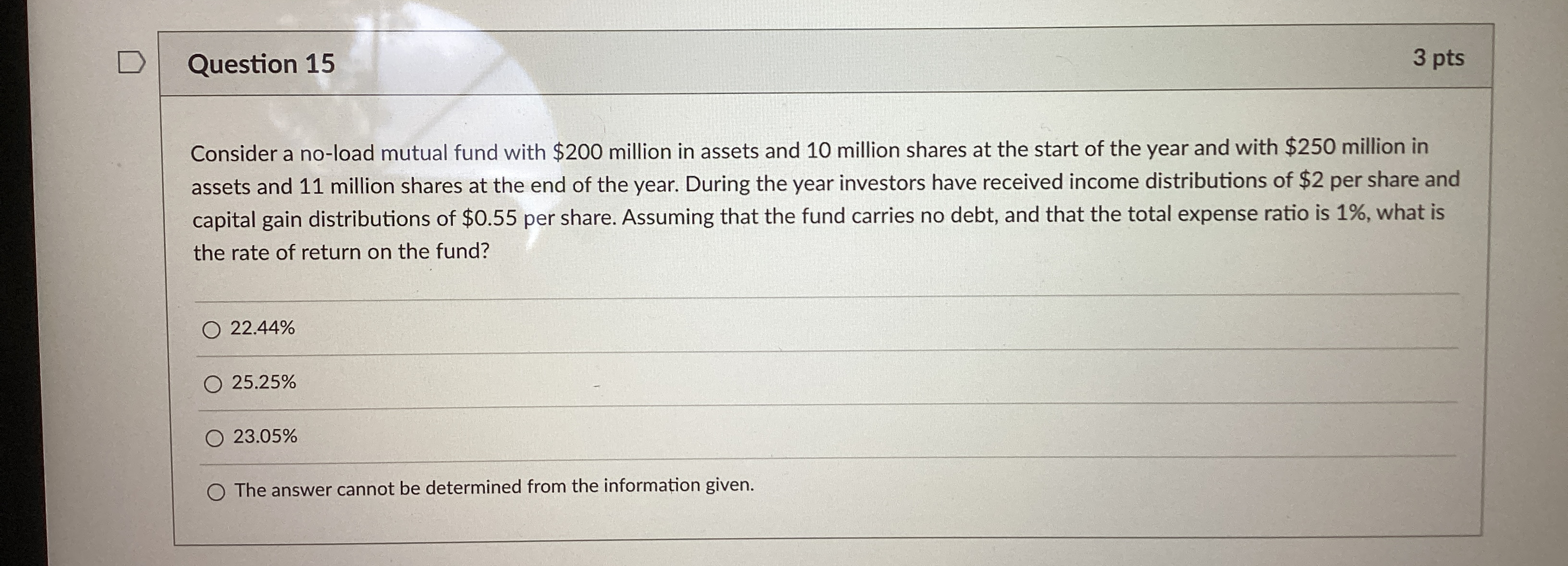  Question 15 3 pts Consider a no-load mutual fund with $200