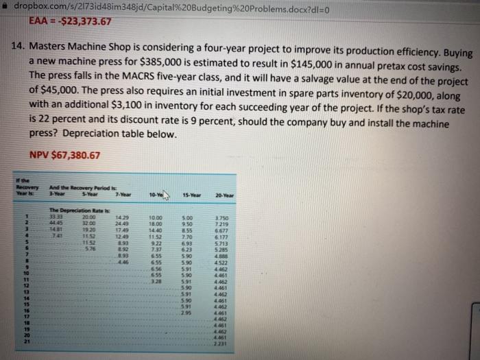  Masters Machine Shop is considering a four-year project to improve its