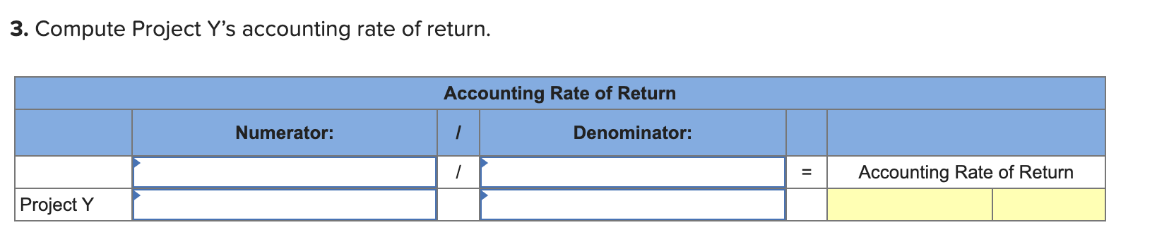 to the nearest whole dollar.) 3. Compute Project Y's accounting rate of