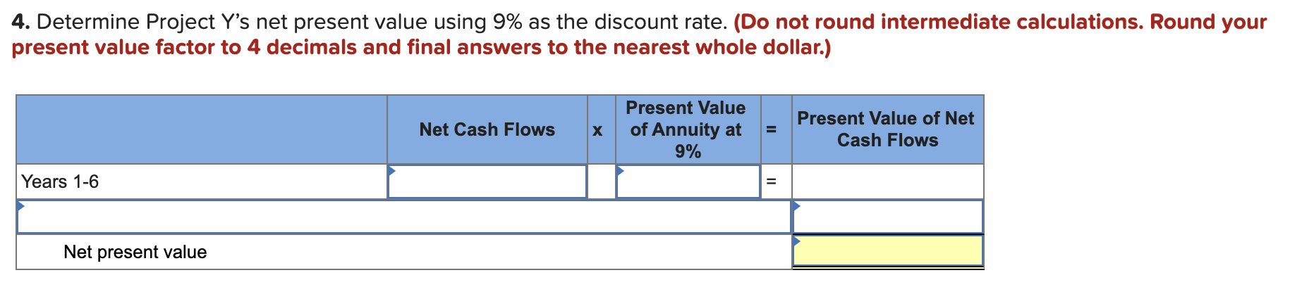 return. Required: 1. Compute Project Y's annual net cash flows. Required information
