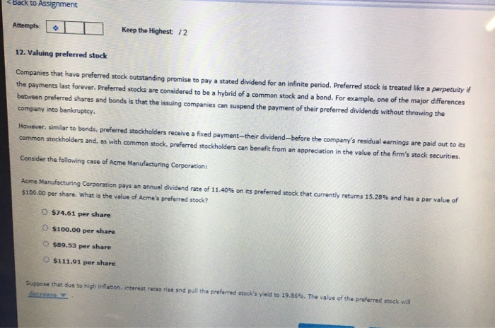 Back to Assignment Attempts: Keep the Highest: /2 12. Valuing preferred stock