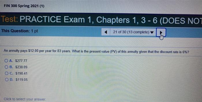  FIN 300 Spring 2021 (1) Test: PRACTICE Exam 1, Chapters 1,