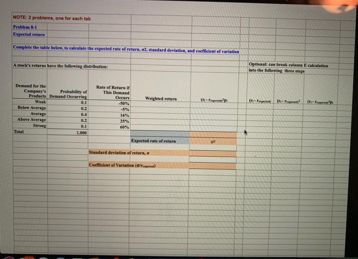  NOTE: 2 problems, one for each tab Problem 8.1 Expected return