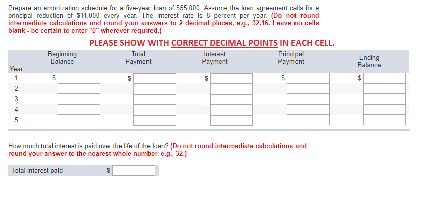 PLEASE USE CORRECT DECIMAL POINTS IN EACH CELL. Prepare an amortization schedule