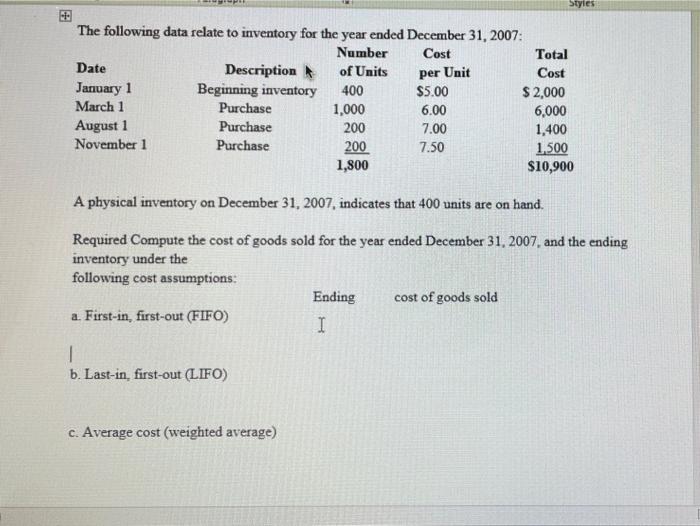  Styles per Unit The following data relate to inventory for the