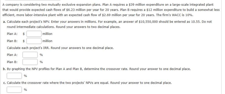 A company is considering two mutually exclusive expansion plans. Plan A