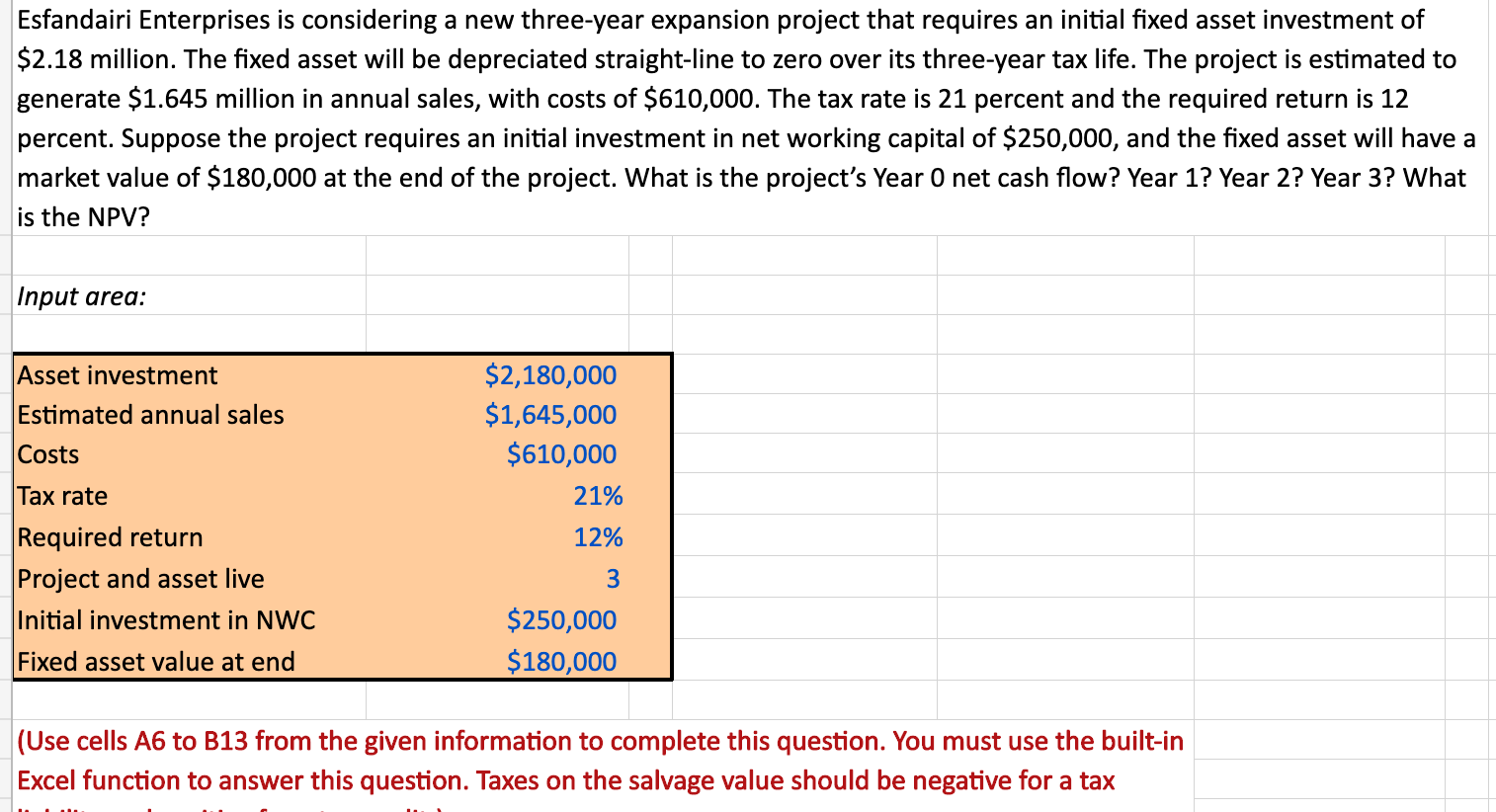  ANSWER WITH EXCEL FUNCTIONS Esfandairi Enterprises is considering a new three-year