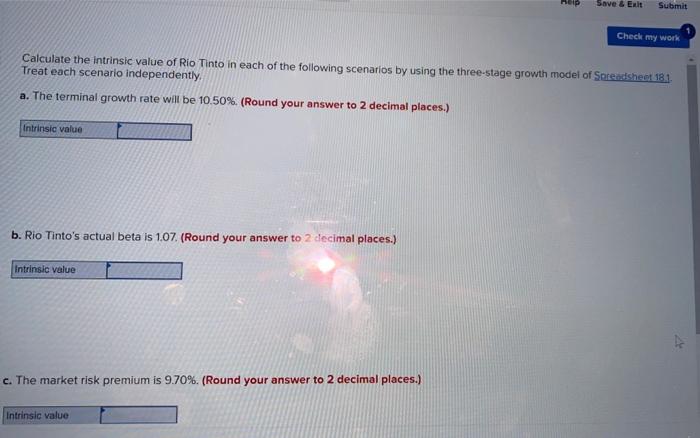  Save & Exit Submit Check my work Calculate the intrinsic value