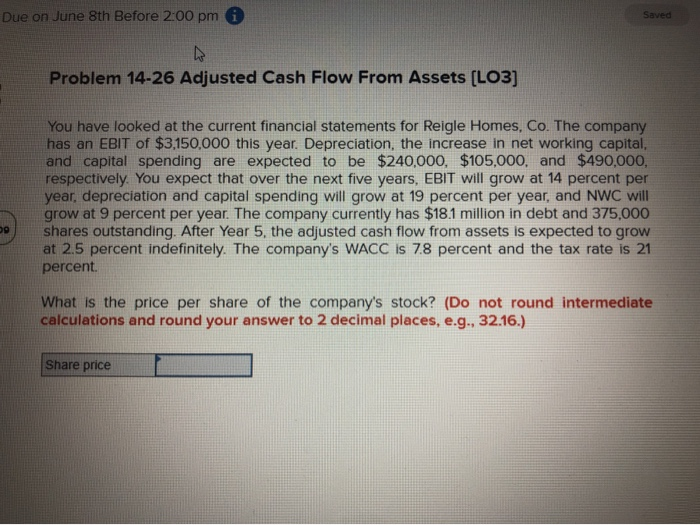  Due on June 8th Before 2:00 pm Saved Problem 14-26 Adjusted