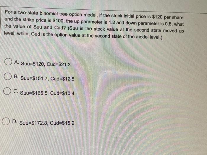  For a two-state binomial tree option model, if the stock initial