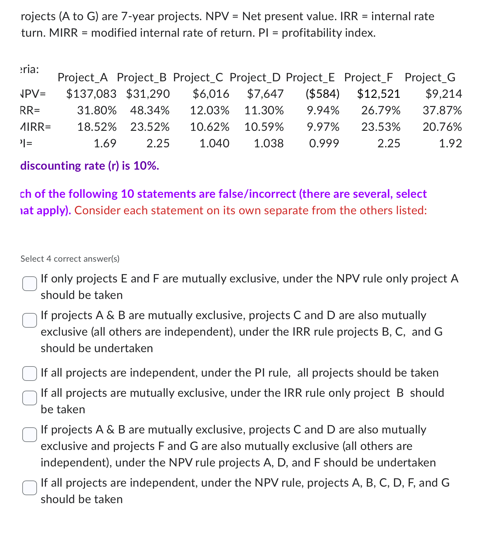  rojects (A to G) are 7-year projects. NPV = Net present