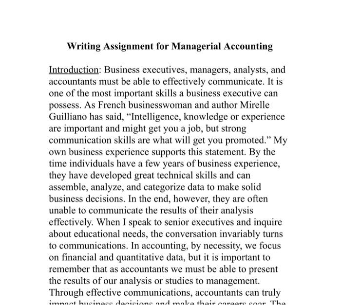  I need help to finish this... Writing Assignment for Managerial Accounting