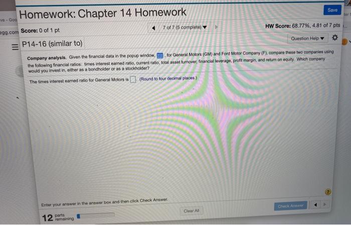  Question example shows you how to do it Save Homework: Chapter