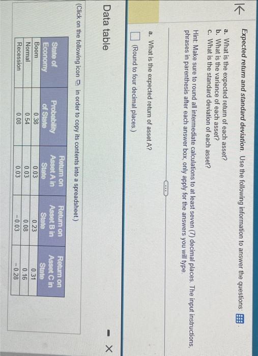  Expected return and standard deviation. Use the following information to answer