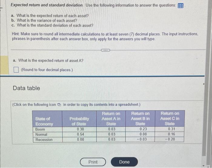 the questions: a. What is the expected retum of each asset? b.