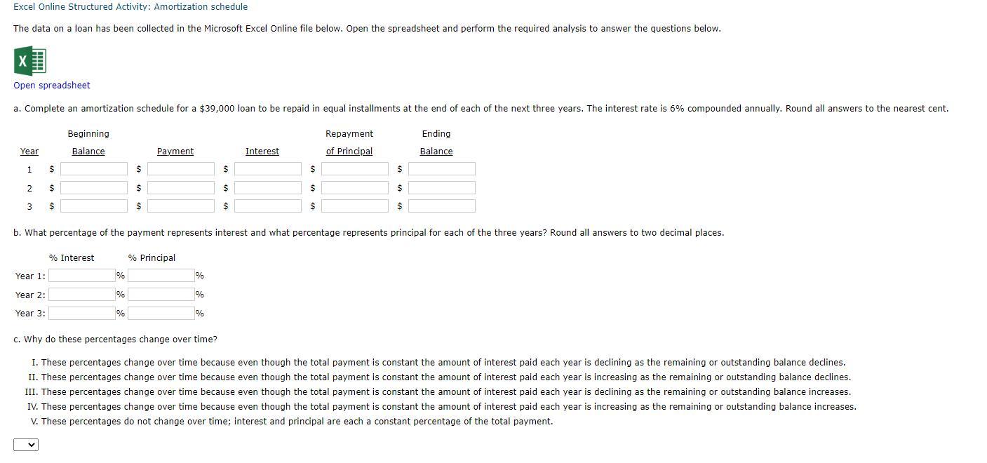  Excel Online Structured Activity: Amortization schedule The data on a loan