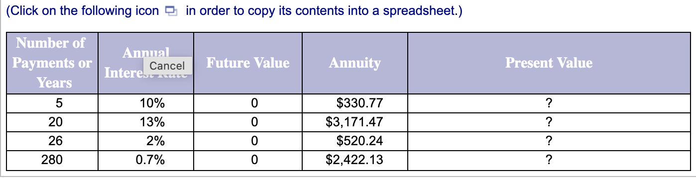 Fill in the missing present values in the following table for an