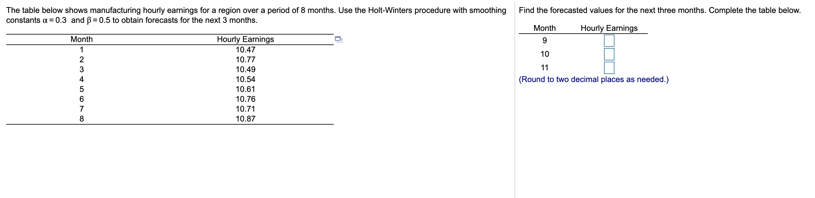 Find the forecasted values for the next three months. Complete the