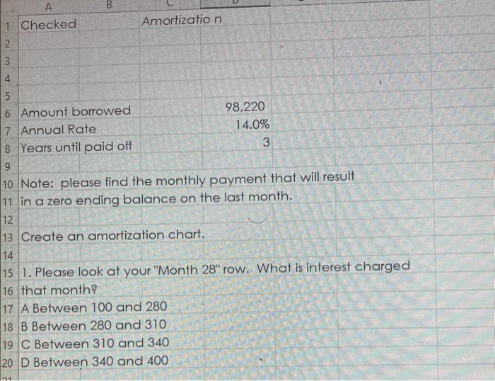 dont need to make a chart 1 Checked Amortization \begin{tabular}{lr} \hline Amount