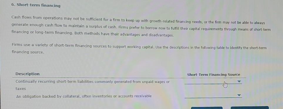  6. Short-term financing Cash flows from operations may not be sufficient