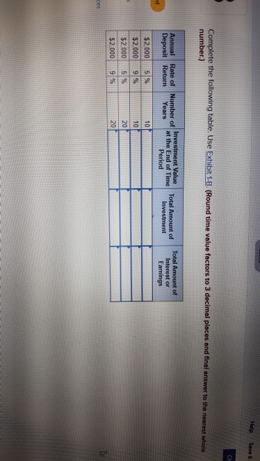  Help Save & Ch Complete the following table. Use Exhibit 1-B.
